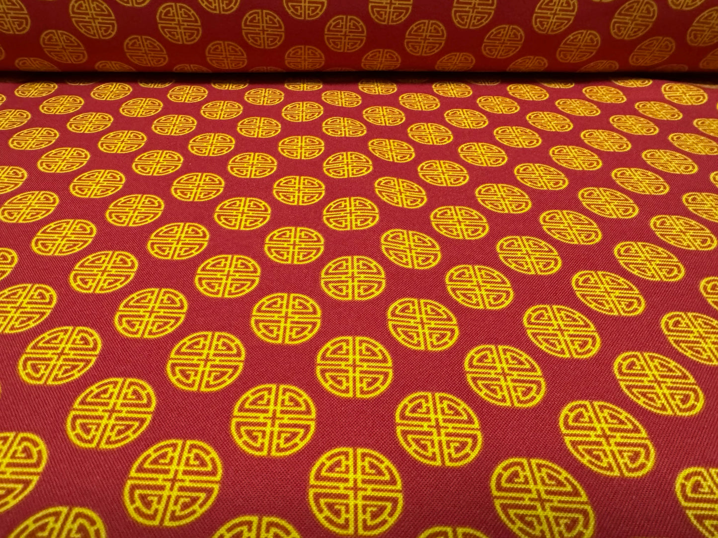 Panama woven fashion fabric, per metre - Chinese Lu Good Fortune print - dark pink & gold