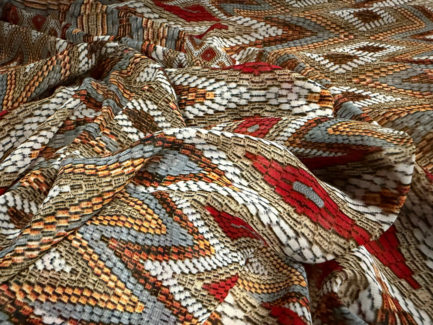 Chiffon woven dress blouse fabric, per metre - Ikat print - burnt orange & grey