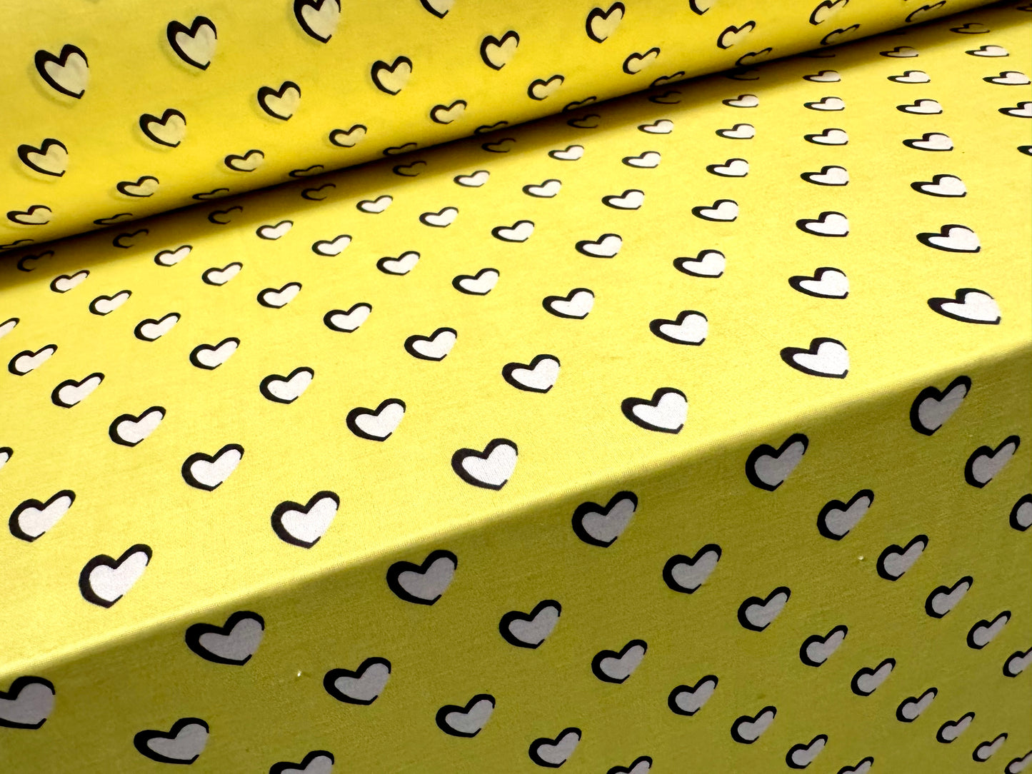 Soft touch stretch spandex single jersey fabric, per metre - love heart print - yellow