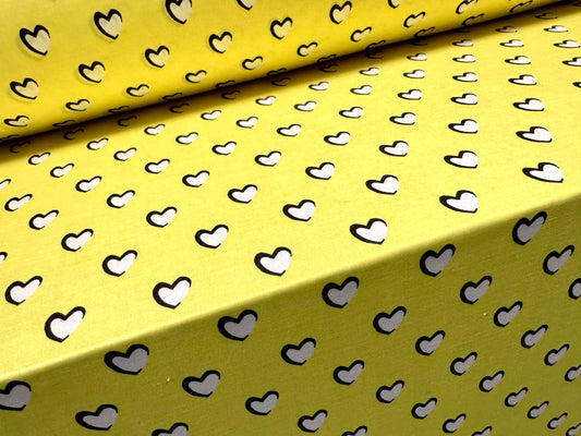 Soft touch stretch spandex single jersey fabric, per metre - love heart print - yellow