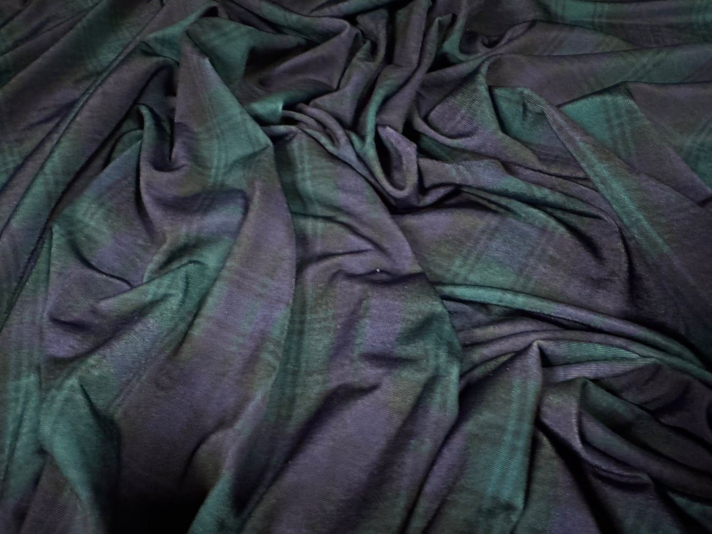 Soft touch stretch spandex single jersey fabric, per metre - Blackwatch Tartan print - navy & green