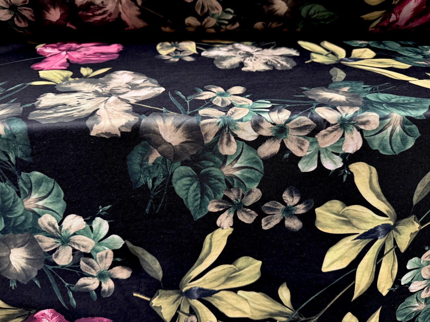 Piqué double jersey fabric, per metre - lily flower print - black fuchsia & beige