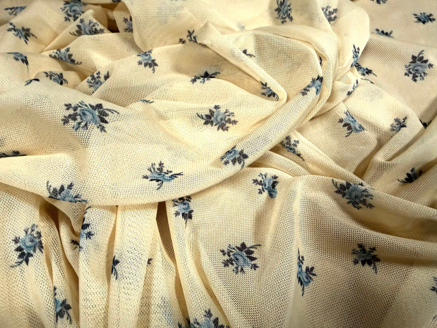 Power mesh net stretch spandex fabric, per metre - ditsy bouquet floral print - buttermilk & sky blue