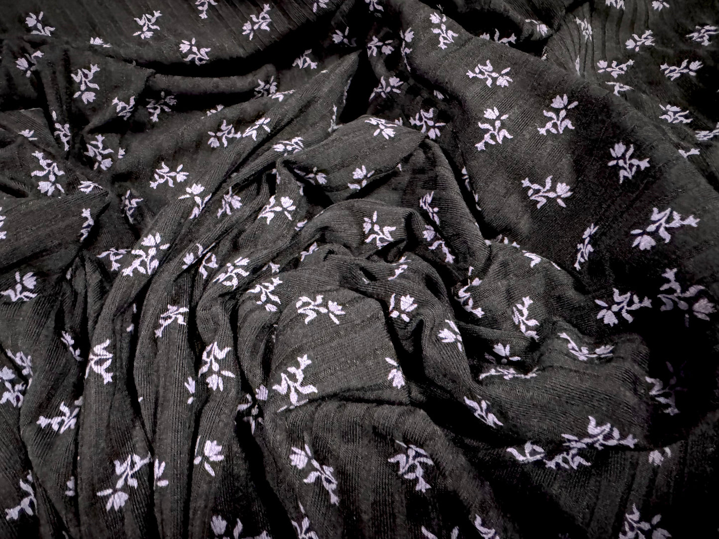 Stretch spandex rib jersey fabric, per metre - floral ditsy print - black & lilac