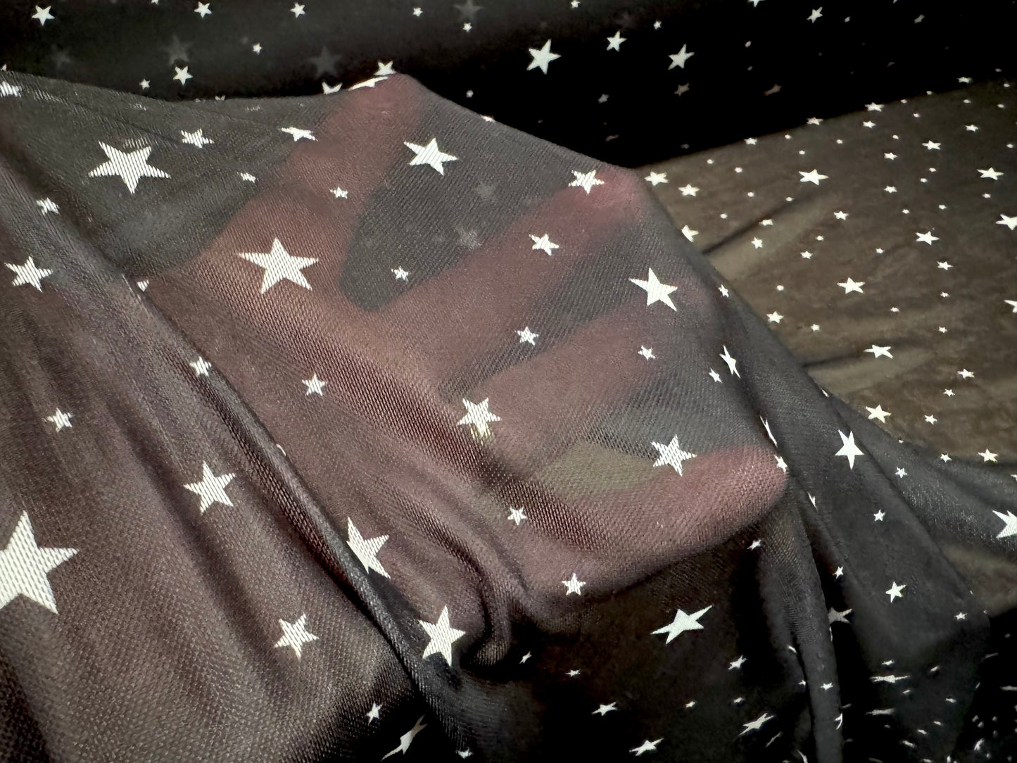 Power mesh net stretch spandex fabric, per metre - stars print - black & white