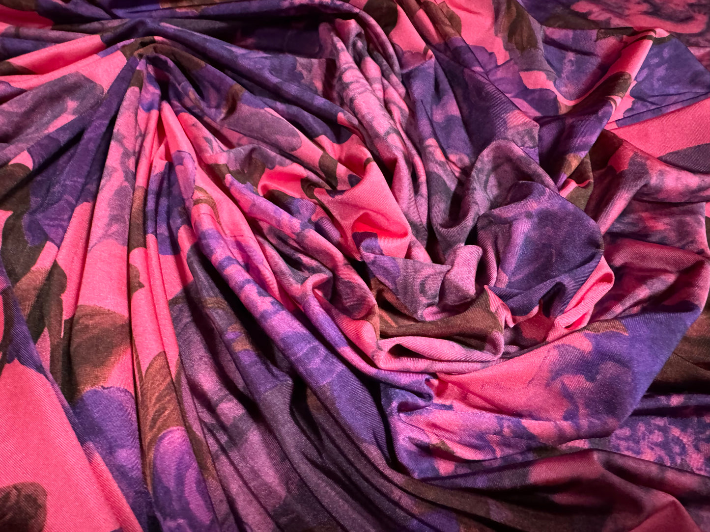 ITY stretch spandex single jersey fabric, per metre - angels & roses print - pink & purple