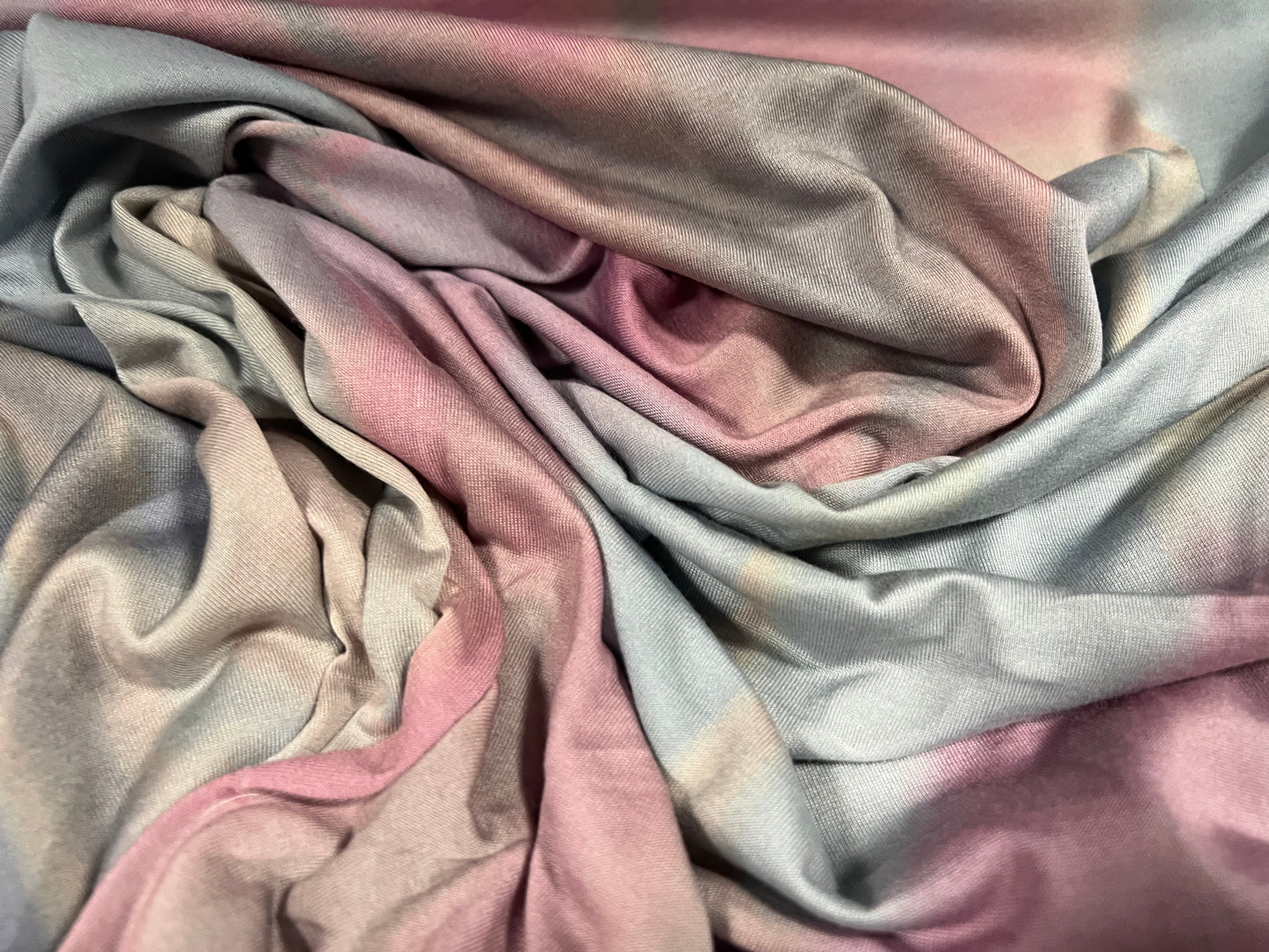 Soft handle single jersey fabric, per metre - abstract swirl print - washed pastels