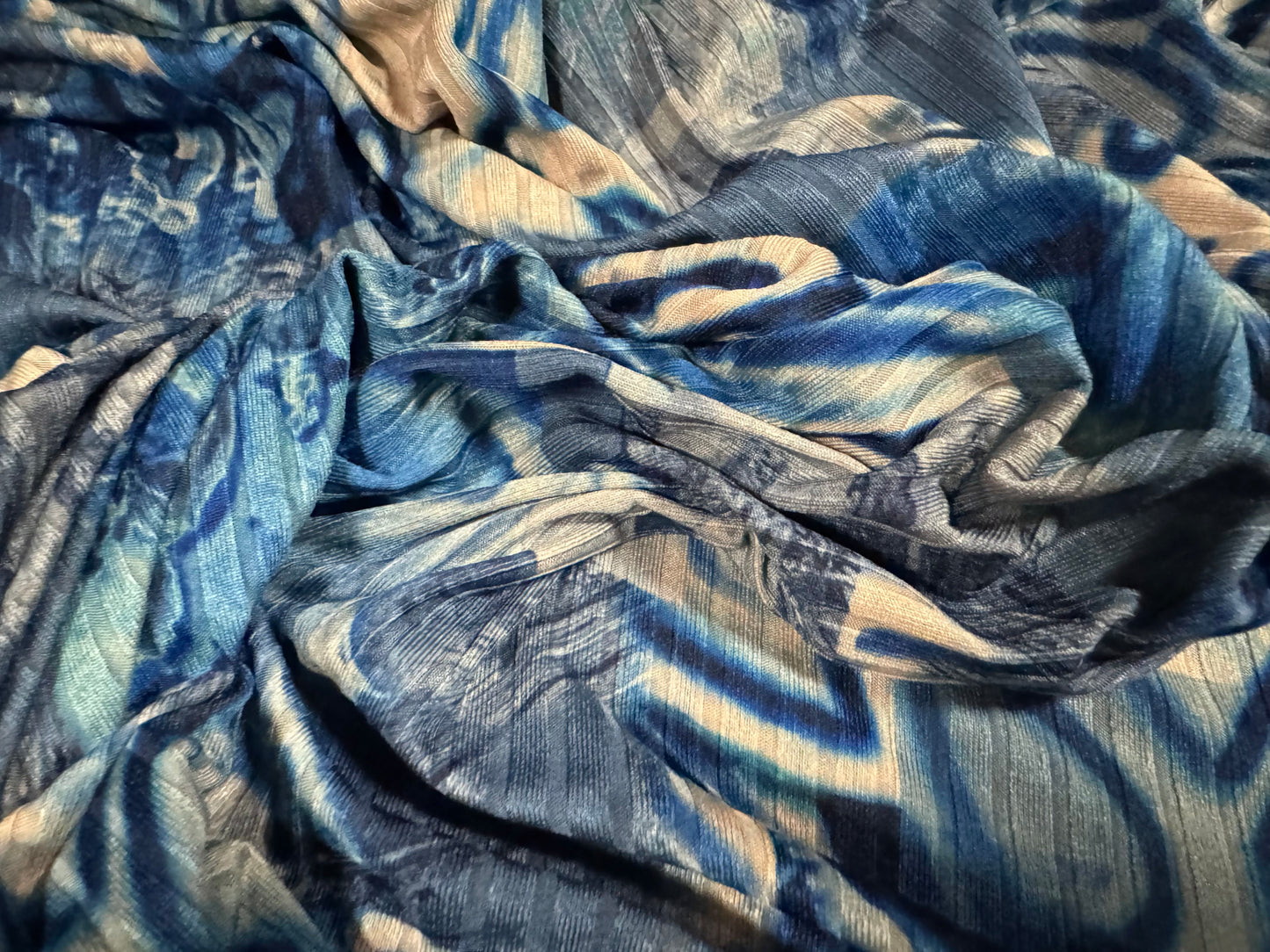 Spandex stretch rib jersey fabric, per metre - festival graffiti print - Stone & blue