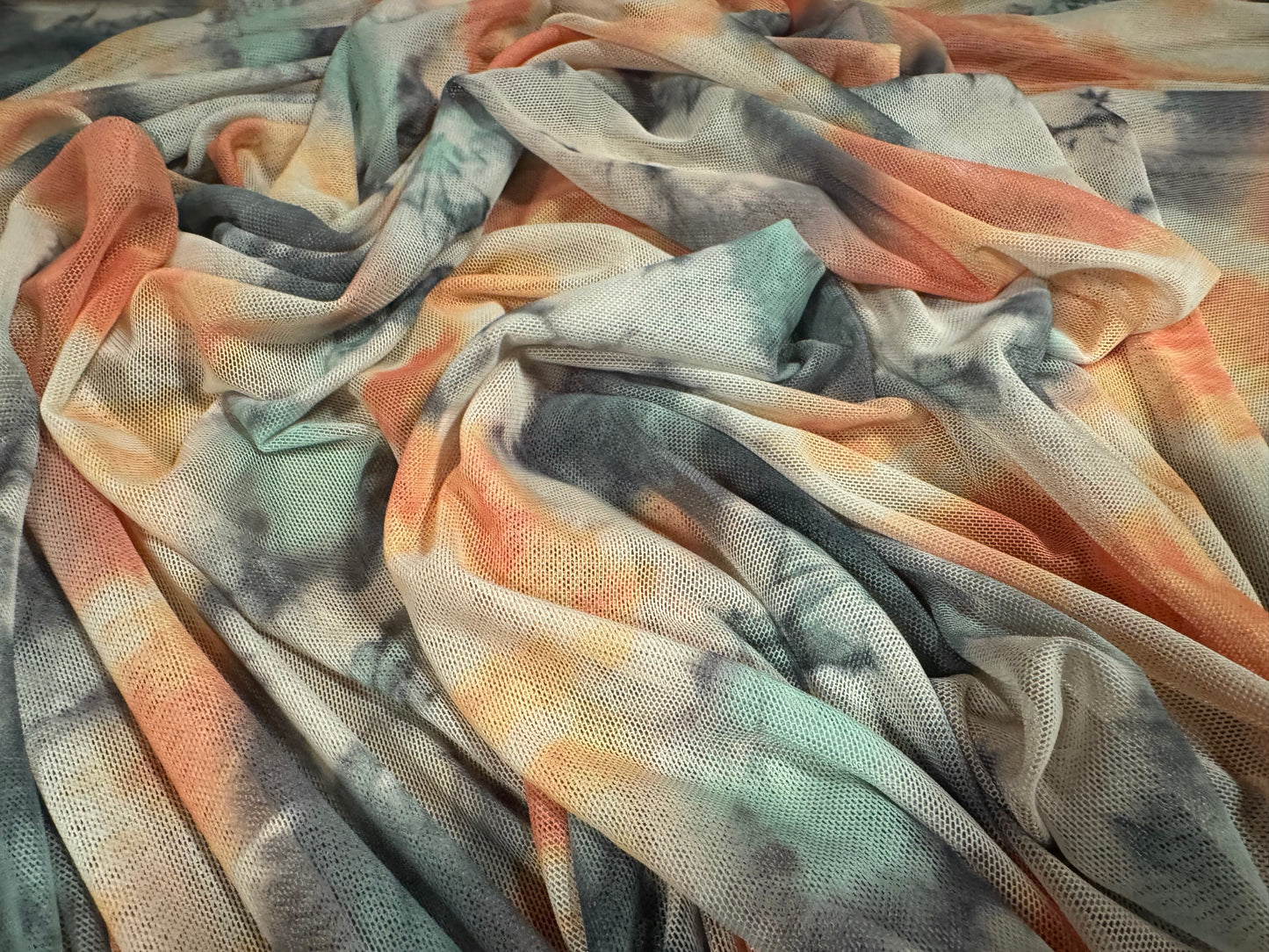 Power mesh net stretch spandex fabric, per metre - smudge floral print - peach & teal