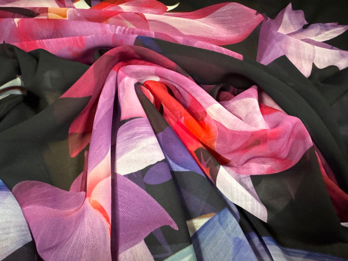 Chiffon woven dress blouse fabric, per metre - jumbo lily print - black cerise & lilac