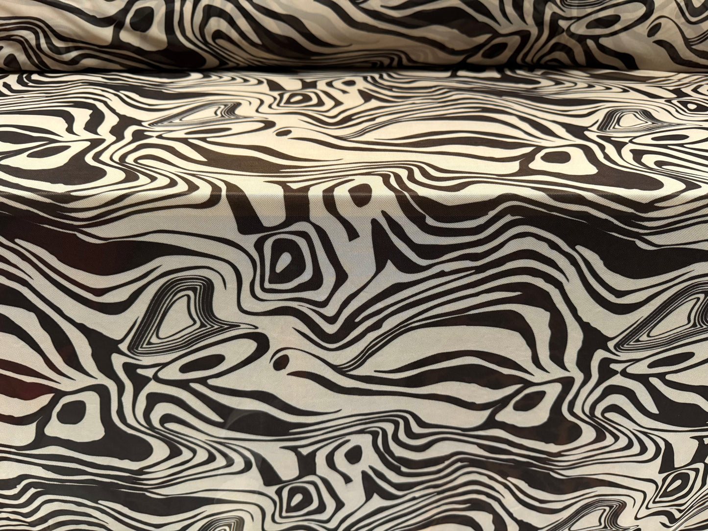 Power mesh net stretch spandex fabric, per metre - psychedelic zebra print - ebony & stone
