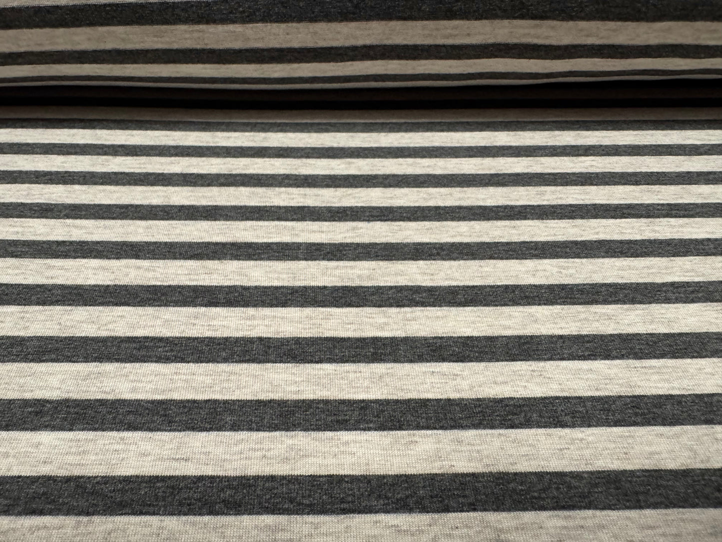 Viscose spandex stretch single jersey fabric, per metre - stripe - mid grey & oatmeal