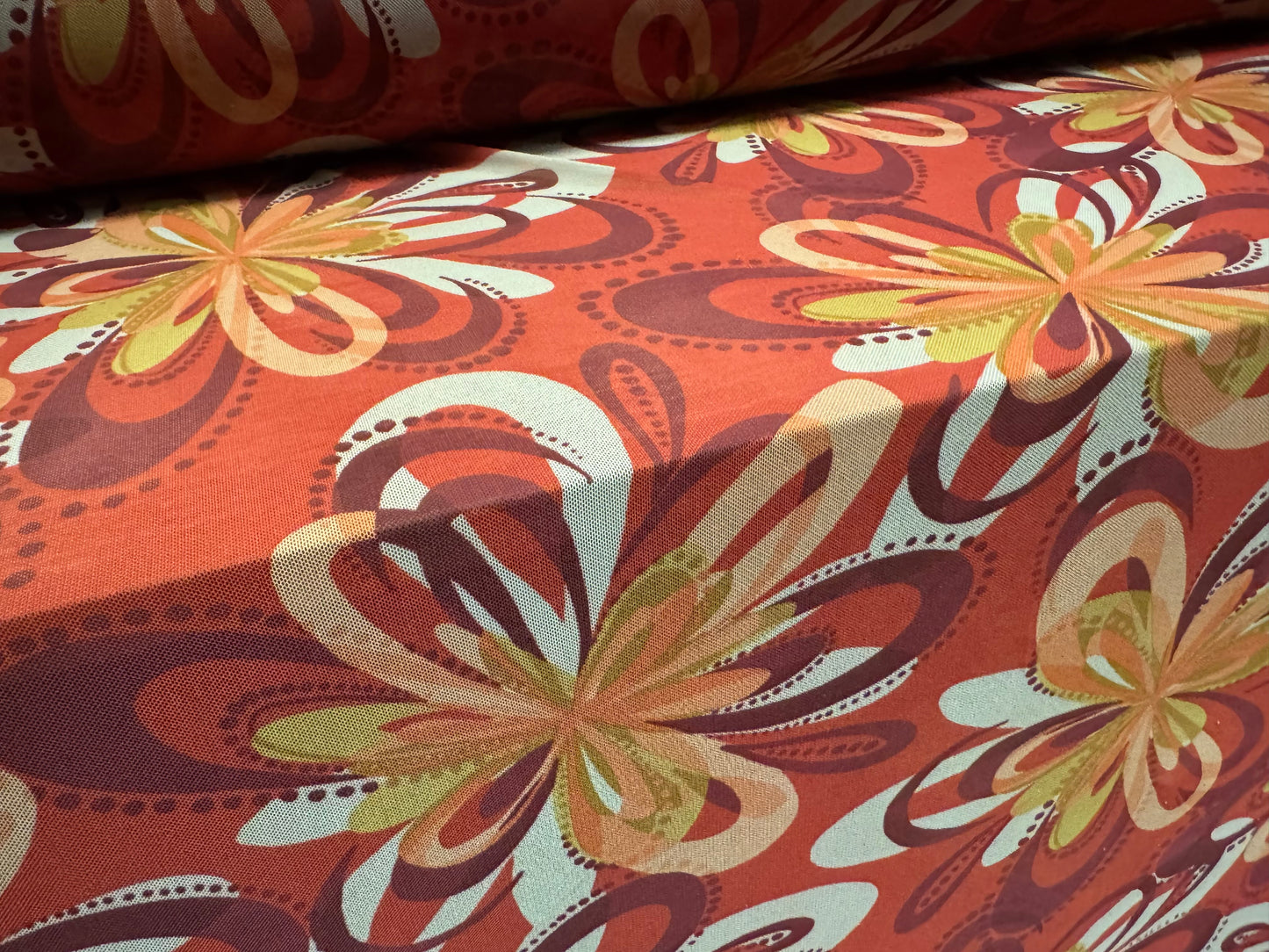 Power mesh net stretch spandex fabric, per metre - retro floral print - burnt orange
