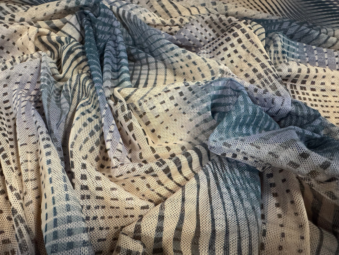 Power mesh net stretch spandex fabric, per metre - psychedelic swirl print - blue & cream