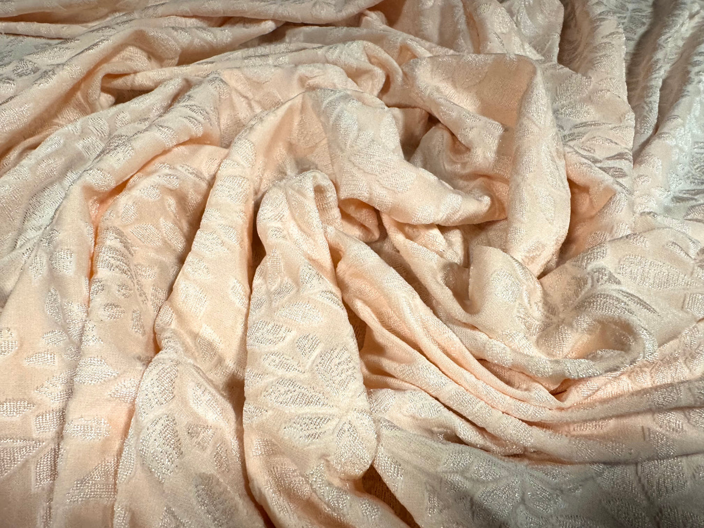 Stretch spandex jersey fabric, per metre - floral leaf jacquard - light peach