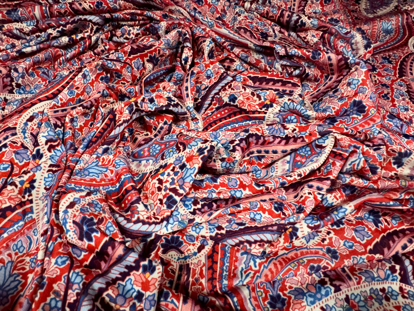 Soft touch stretch spandex single jersey fabric, per metre - paisley print - red & blue