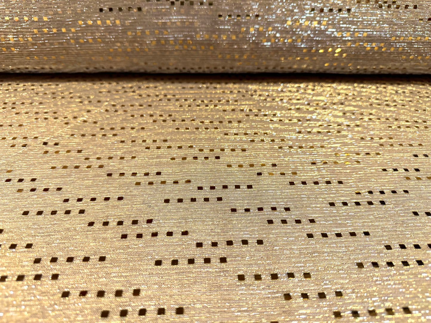 Metallic spangle mesh fabric, per metre - geometric design - gold & beige