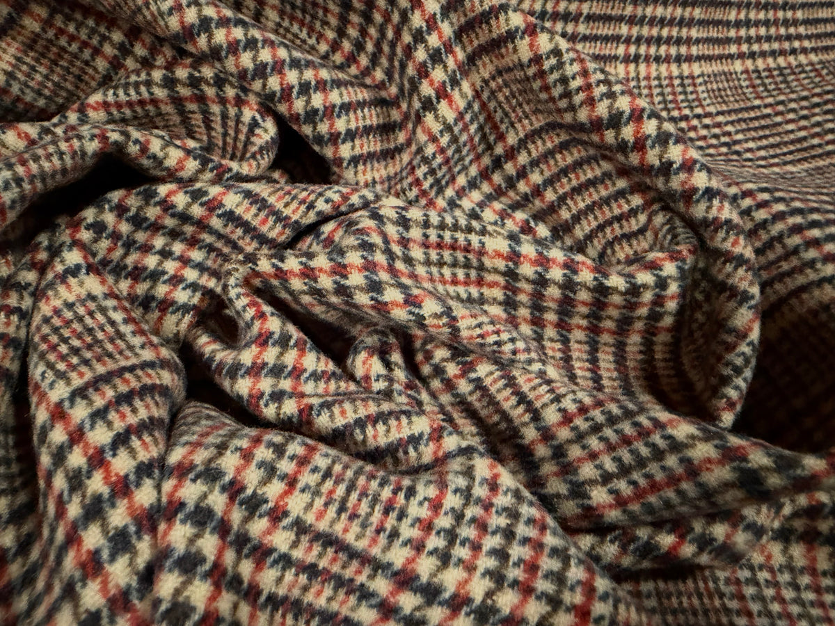 Heavyweight wool flannel coat jacket fabric, per metre - dogtooth check - stone navy & wine