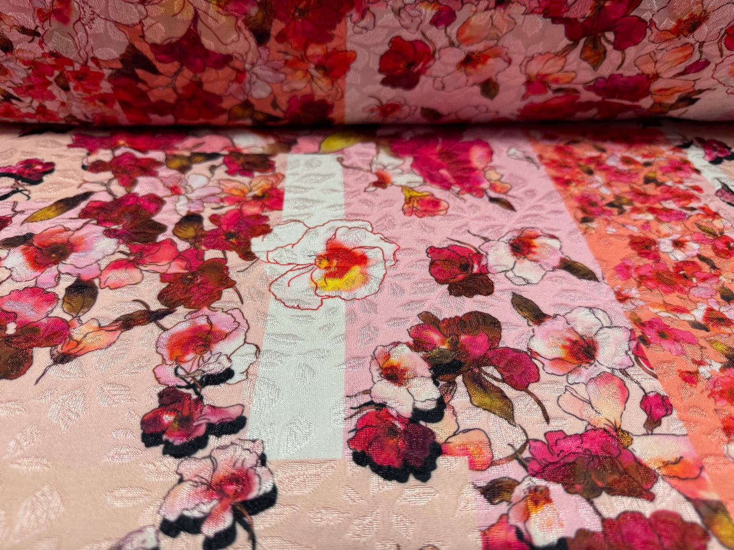 Stretch spandex jersey jacquard fabric, per metre - floral patchwork print - pink