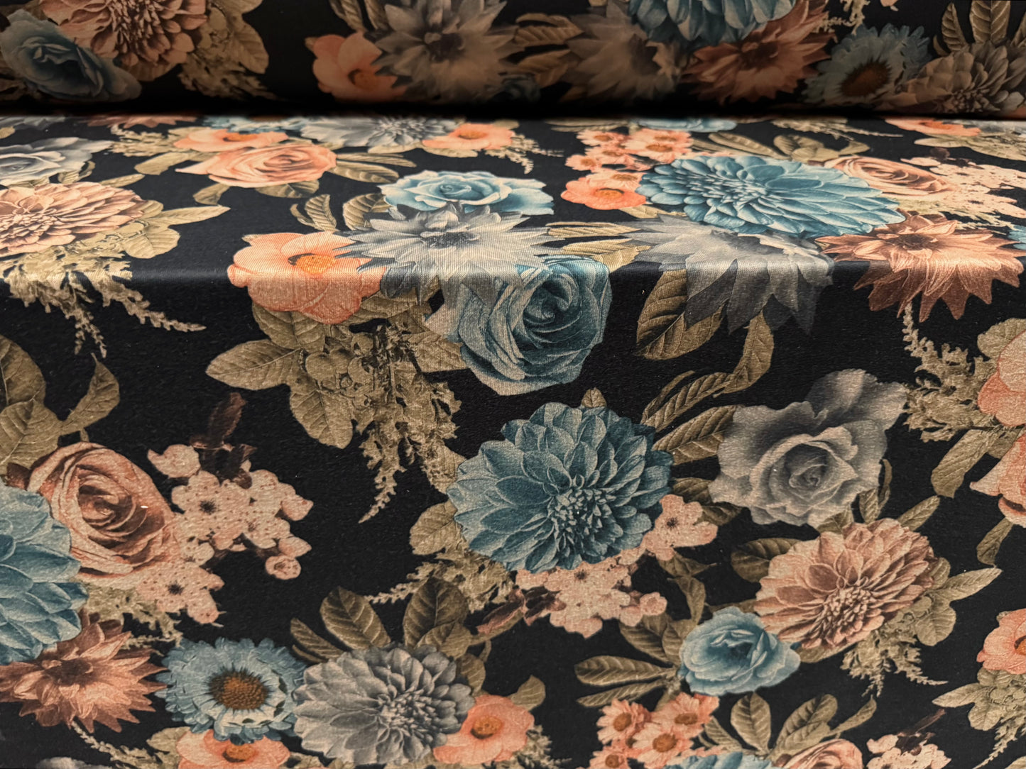 French Terry loopback sweatshirt jersey fabric, per metre - roses and carnations - black beige & turquoise