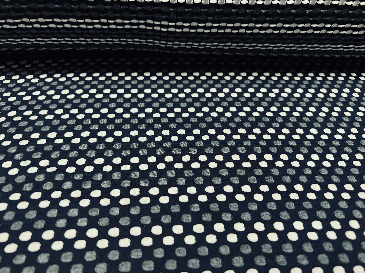 Stretch double jersey fabric, per metre - dobby stripe jacquard - navy blue & white