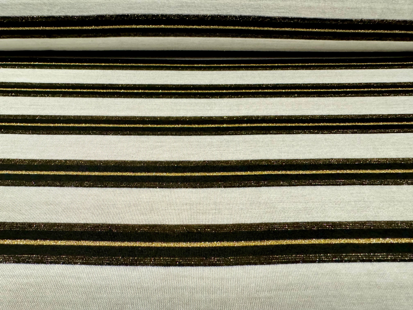 Metallic viscose spandex stretch single jersey fabric, per metre - stripes - ecru & black with gold lurex