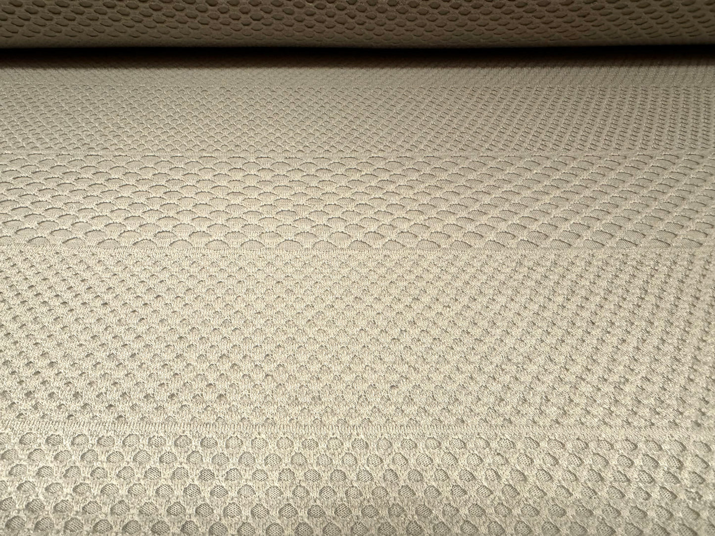 Bonded stretch spandex jersey fabric, per metre - fishnet stripe overlay - stone
