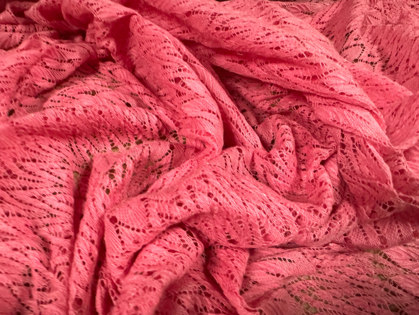 Crochet lace dress fabric, per metre - squiggle design - pink