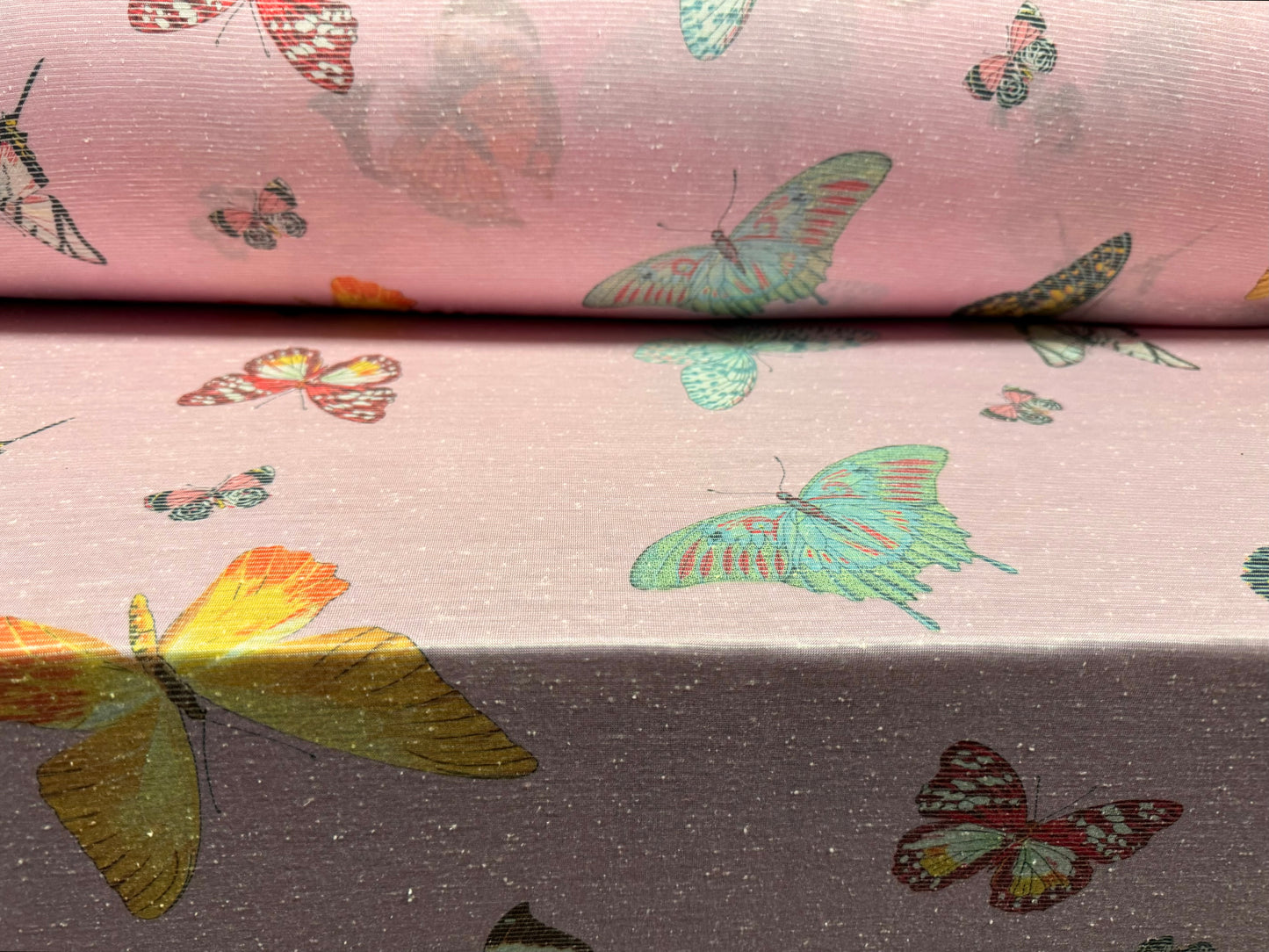 Soft handle slub jersey dress fabric, per metre - butterfly print - pink with multicolour butterflies