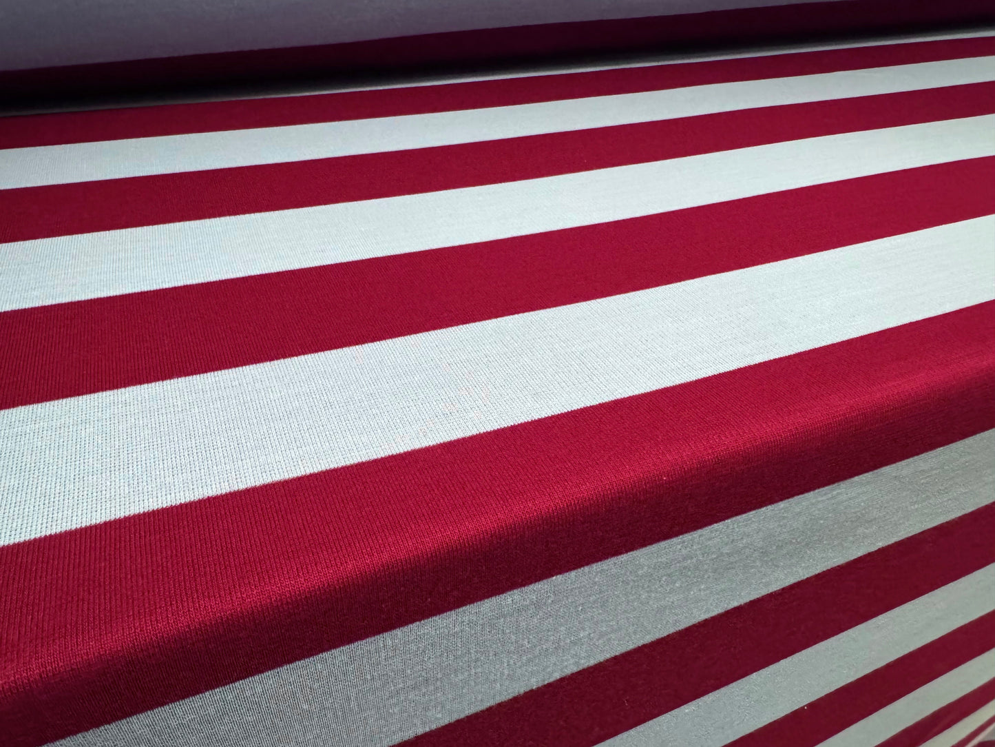 Knitwear jersey fabric, per metre - Rugby stripe - claret & sky blue