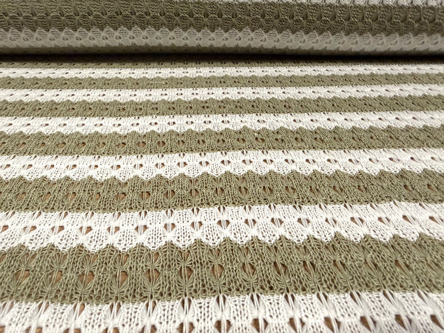 Crochet knit jersey fabric, per metre - stripe -sage & white