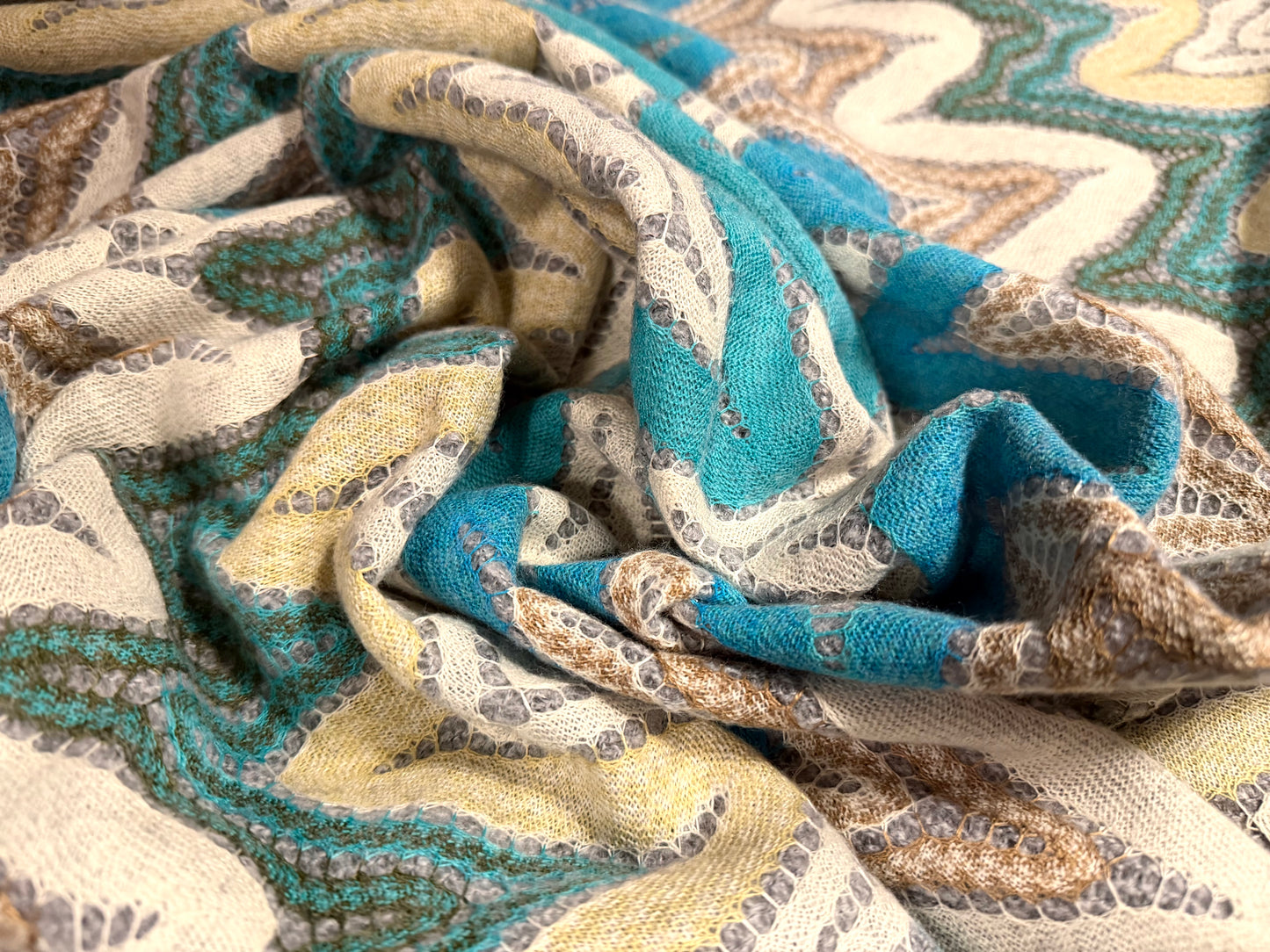 Wool blend heavyweight jacquard fabric, per metre - zigzag wave - turquoise & cream