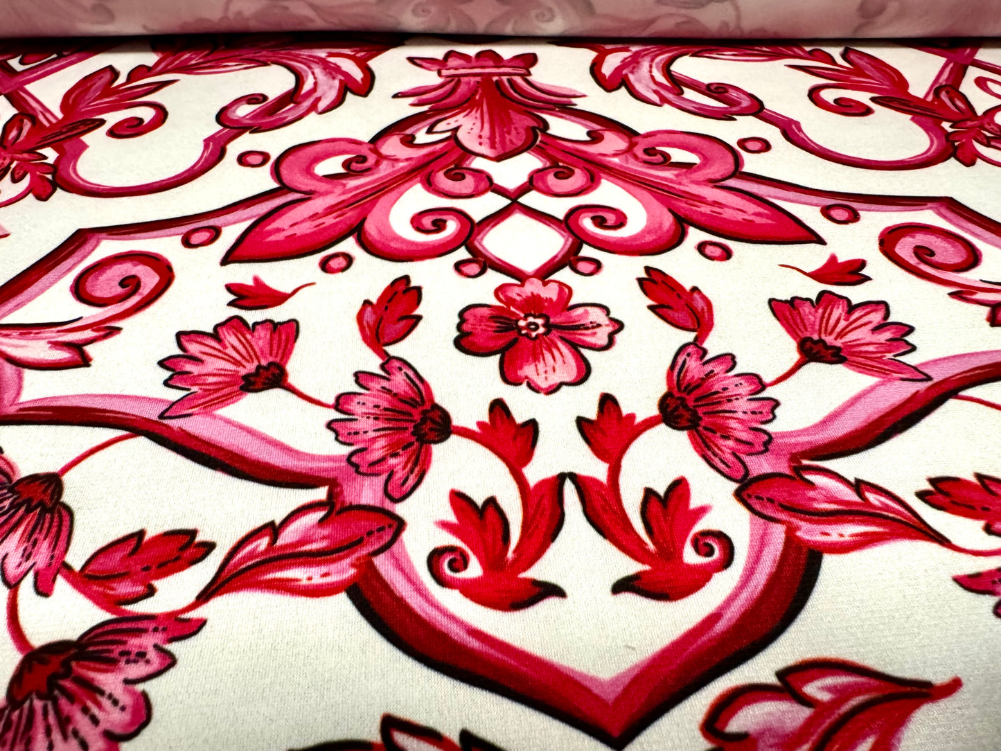 ITY stretch spandex single jersey fabric, per metre - fleur de lys print - cerise pink