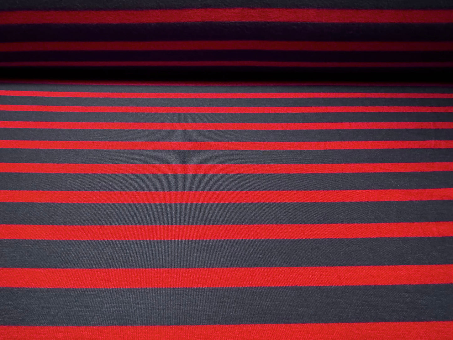 Viscose spandex stretch single jersey fabric, per metre - stripe - navy blue & red