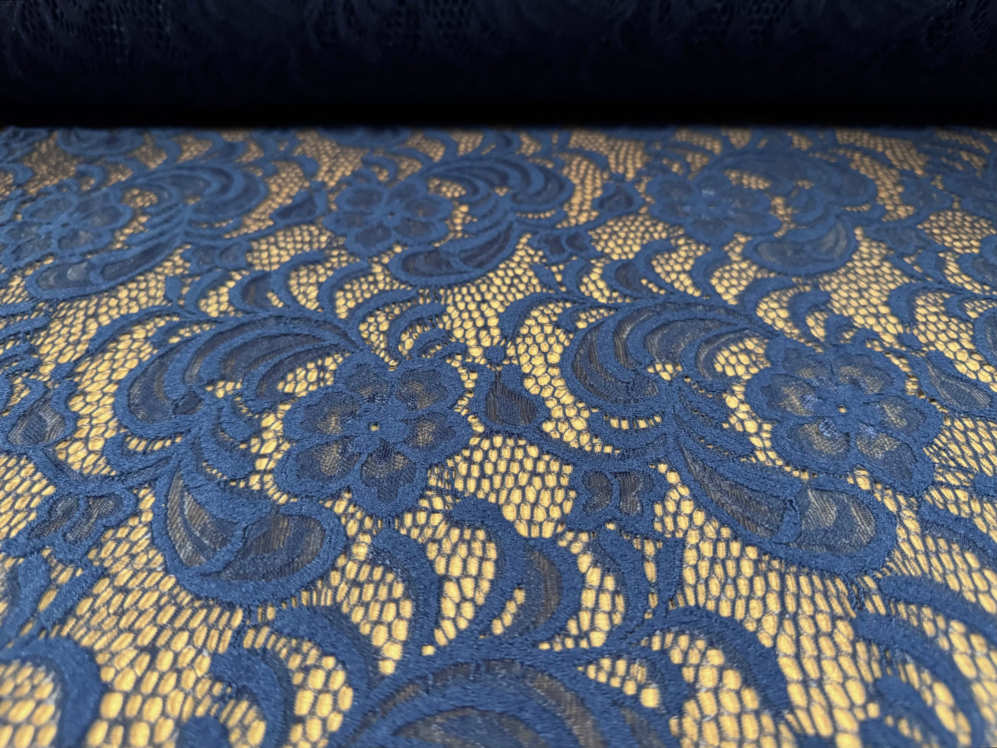 Soft stretch lace dress fabric, per metre - scalloped selvedge - flower design - French Navy Blue