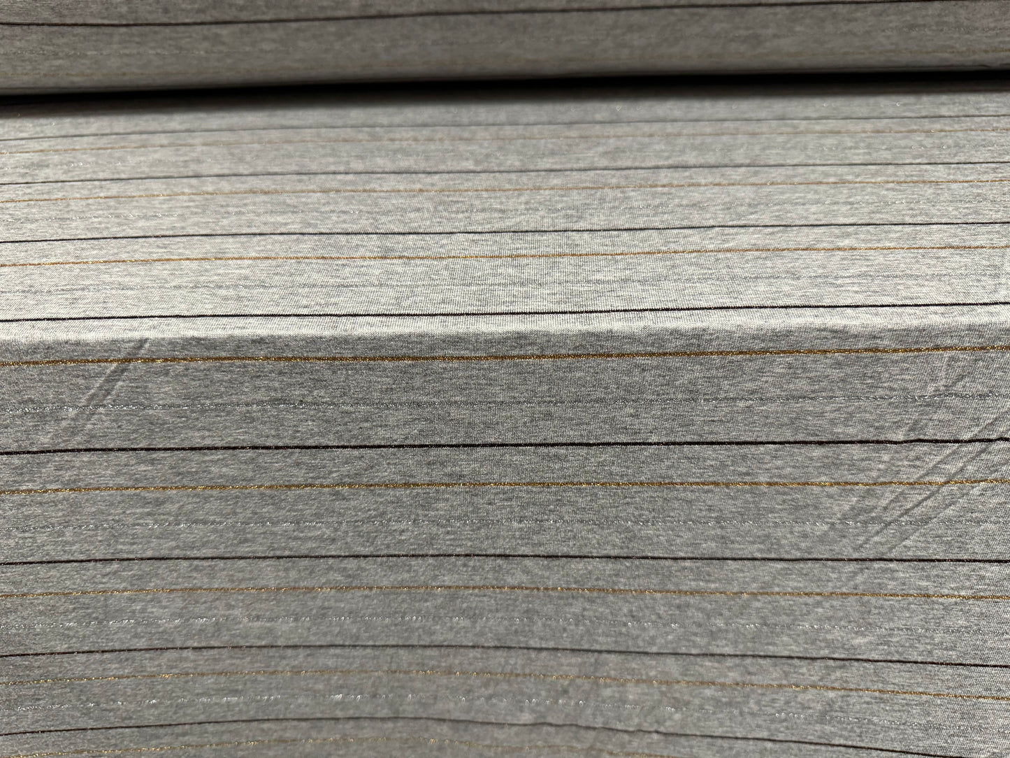 Metallic viscose spandex stretch single jersey fabric, per metre - pinstripe - grey marl with black silver & gold lurex