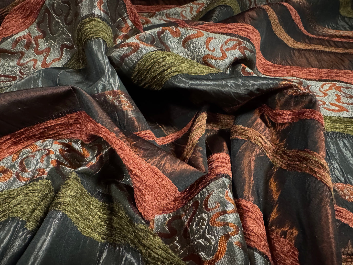 Brocade taffeta faux silk fabric - floral chenille stripe - terracotta grey & green