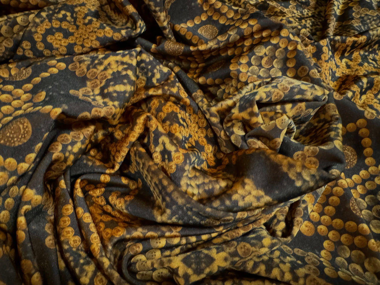 Swimwear stretch spandex jersey fabric, per metre - beaded mandala print - dark gold & brown