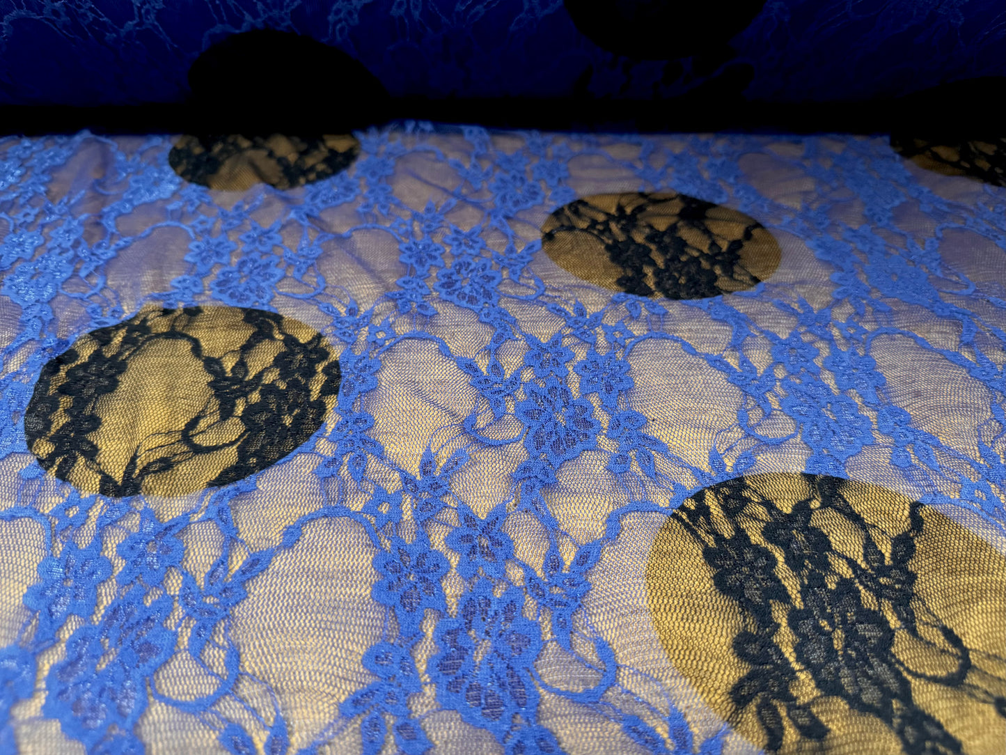 Stretch spandex mesh lace fabric, per metre - jumbo polka dot print - blue & black