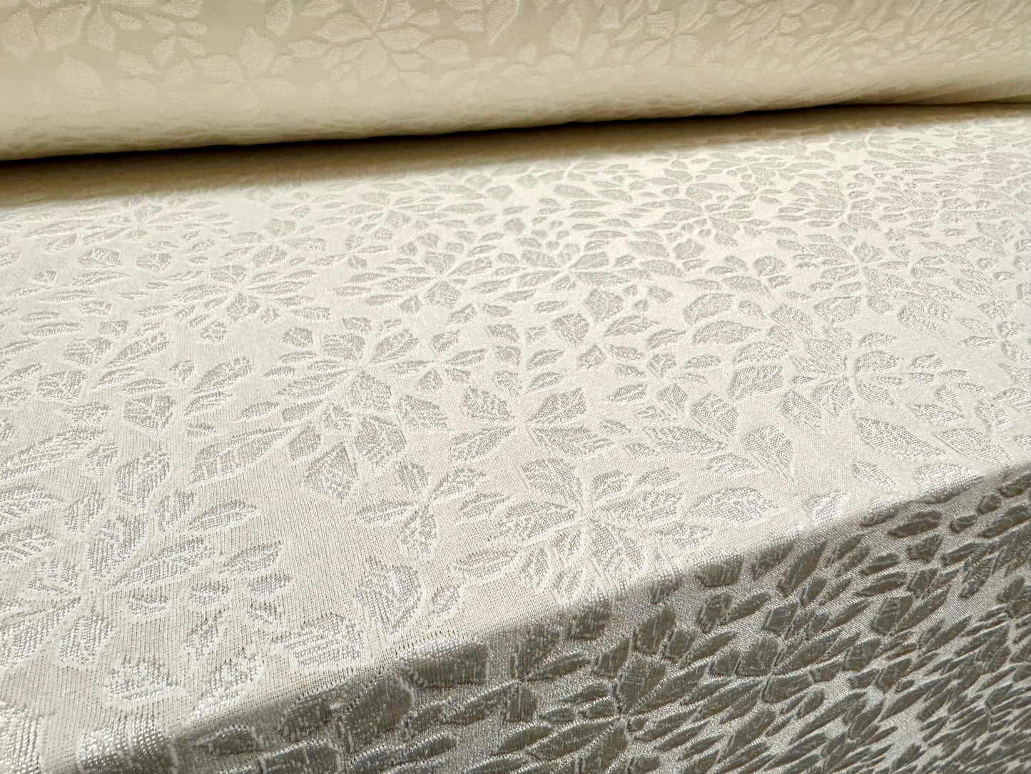 Stretch spandex jersey fabric, per metre - floral leaf jacquard - cream