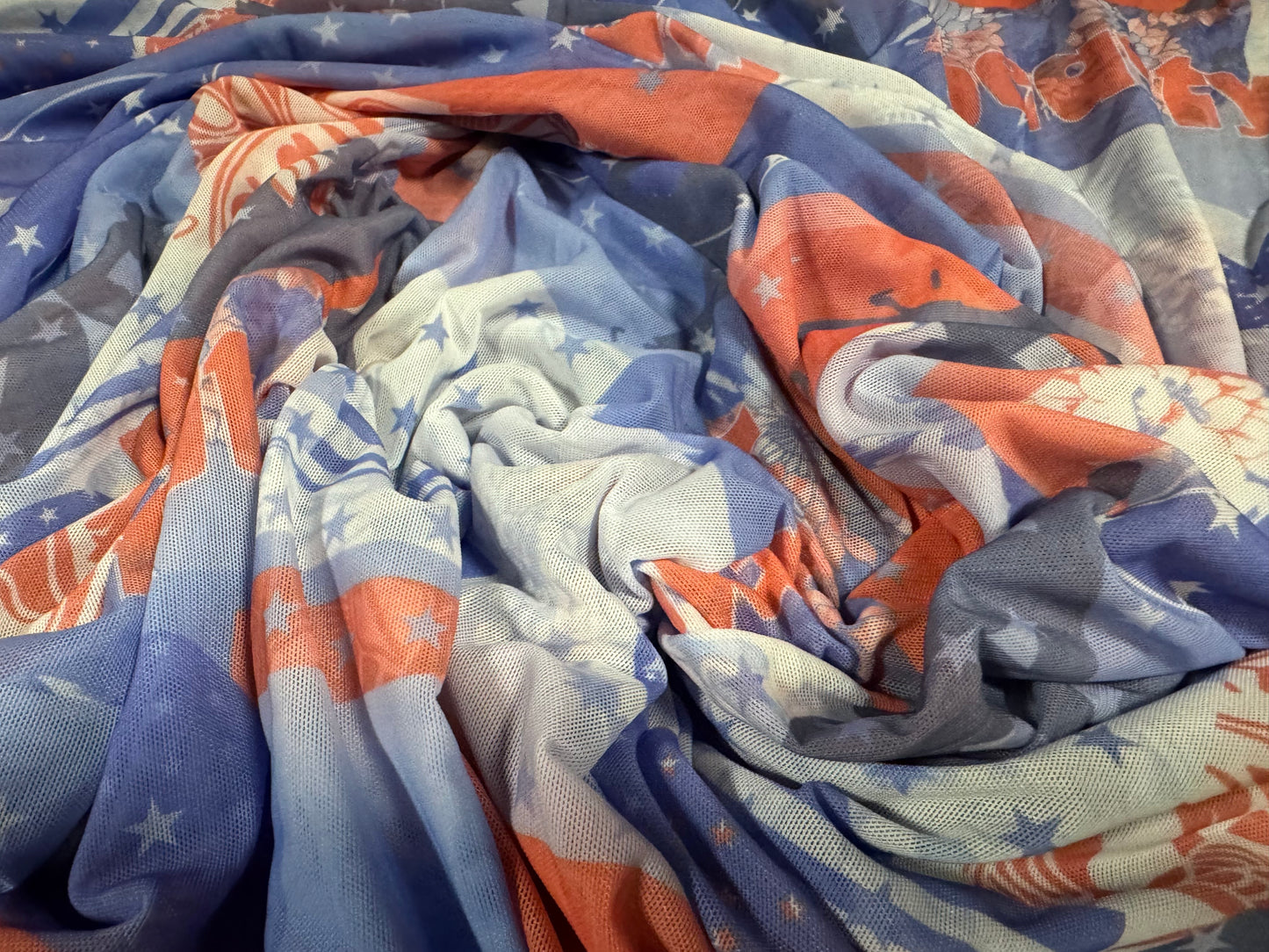 Power mesh net stretch spandex fabric, per metre - American Beauty print - red white & blue
