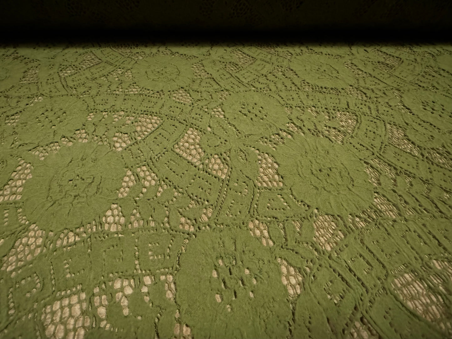 Heavyweight Alencon lace fabric, per metre - flower design - moss green