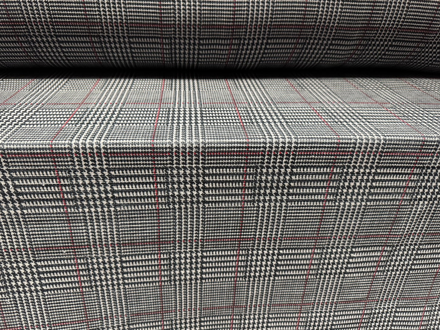 Chenille upholstery fabric, per metre - dogtooth check print - grey & red