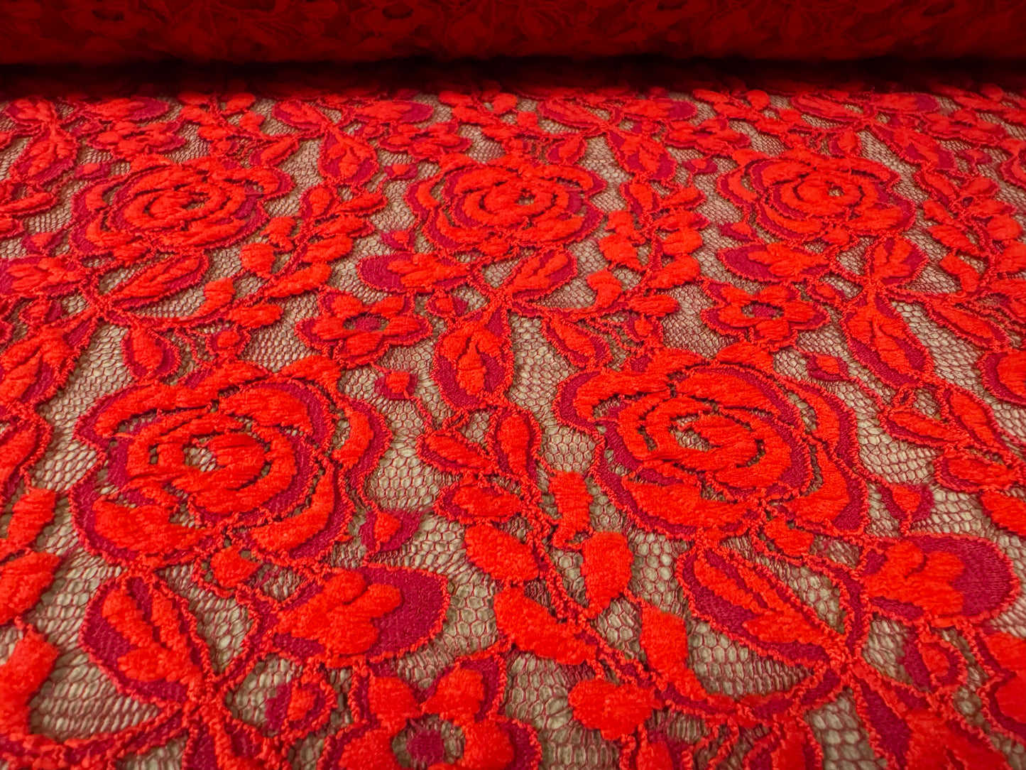 Rose design stretch lace dress fabric, per metre - Red