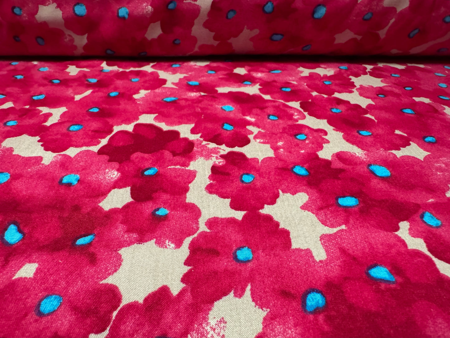 Marocain woven viscose dress fabric, per metre - poppy flower print - cerise & cream
