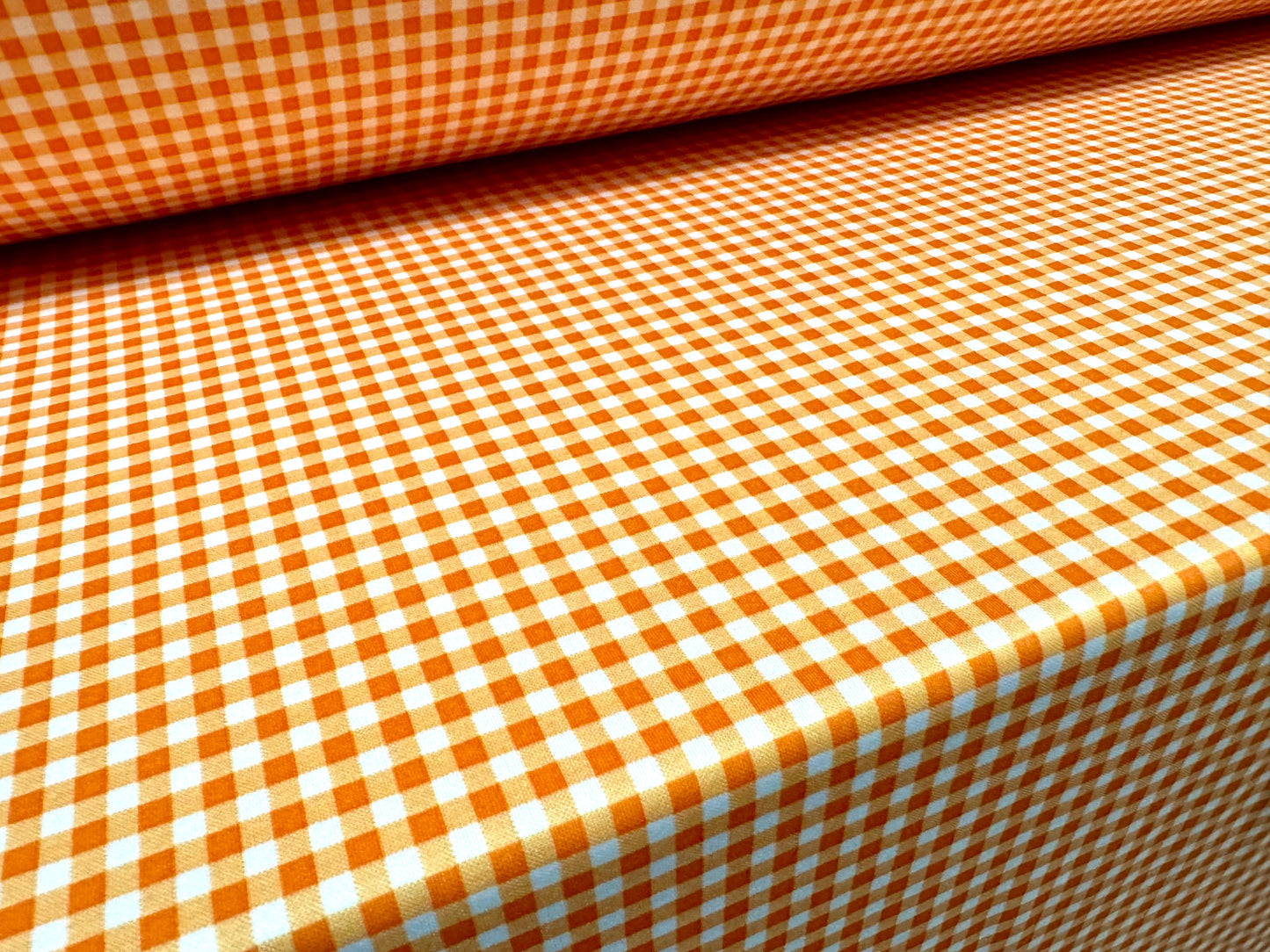 Scuba stretch spandex double jersey dress fabric, per metre - gingham check print - orange & white