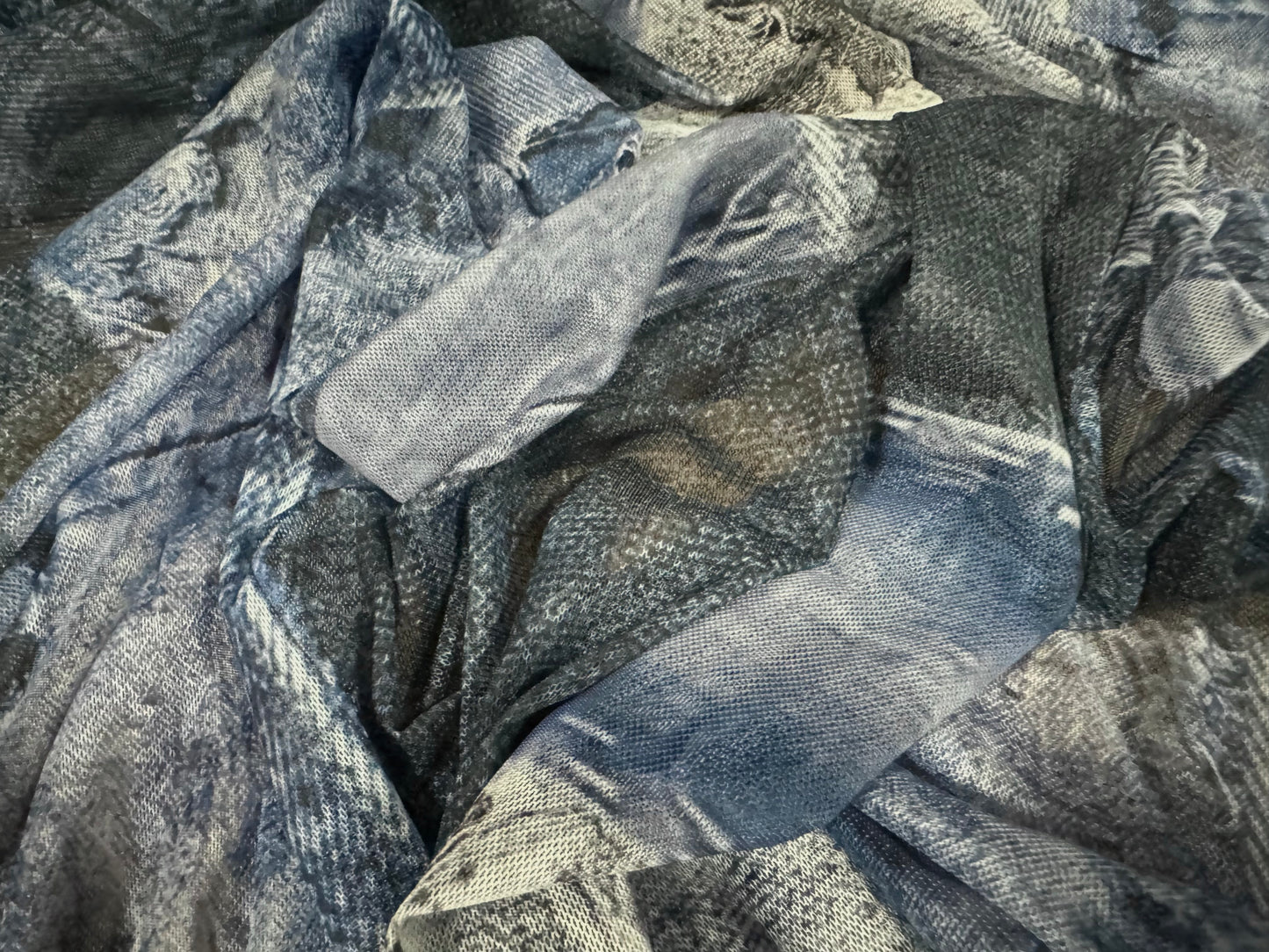 Power mesh net stretch spandex fabric, per metre - denim patchwork print - blue
