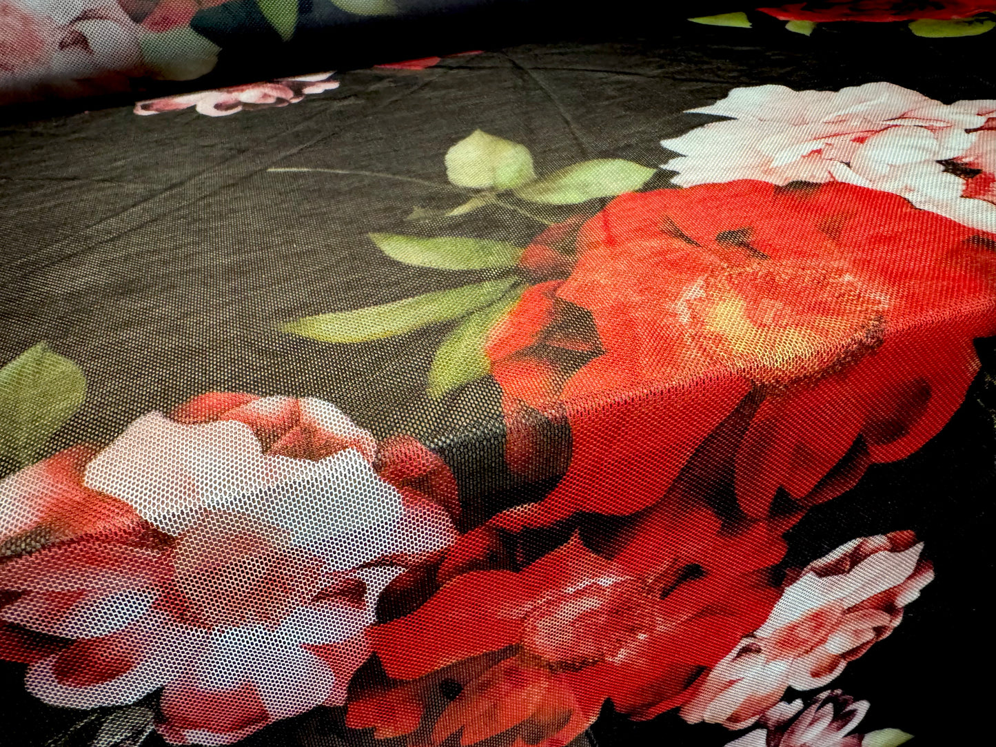 Power mesh net stretch spandex fabric, per metre - English Rose print - black & red