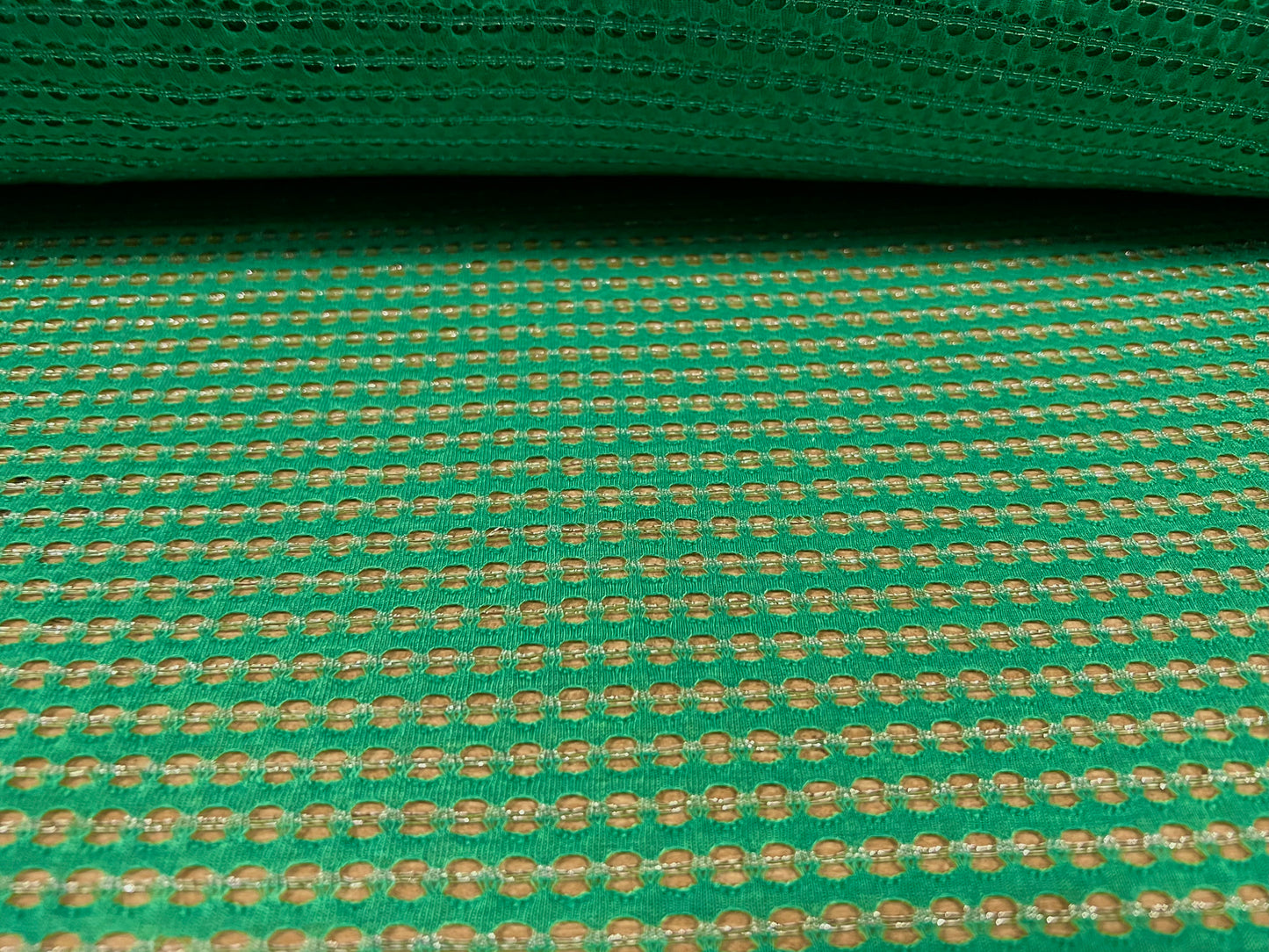 Metallic crochet knitwear jersey fabric, per metre - emerald green & silver
