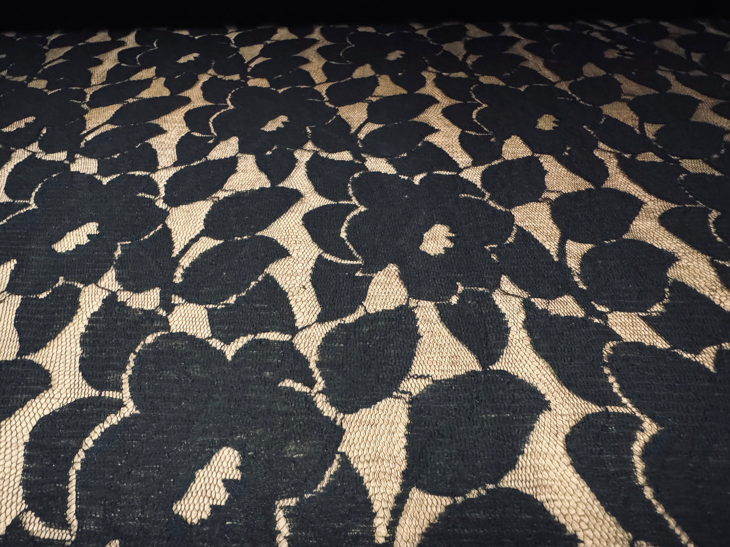 Cotton burnout mesh lace fabric, per metre - floral - black
